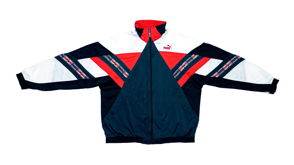Puma - Dark Blue, Black, White and Red Taped Logo Track Jacket 1990s Large Vintage Retro 