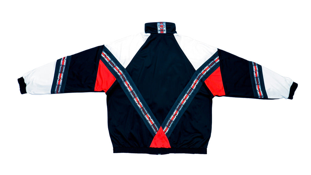 Puma - Dark Blue, Black, White and Red Taped Logo Track Jacket 1990s Large Vintage Retro