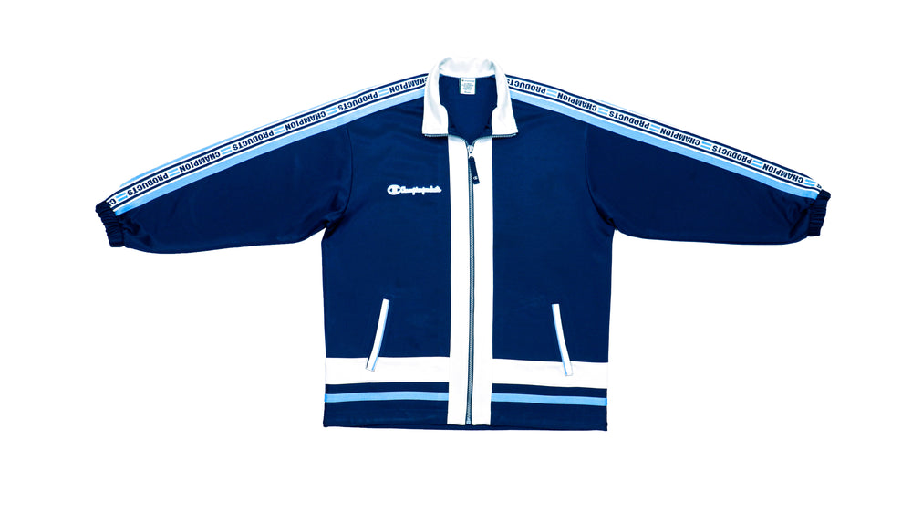 Champion - Blue & White Zip-Up Track 1990s Medium Vintage Retro 