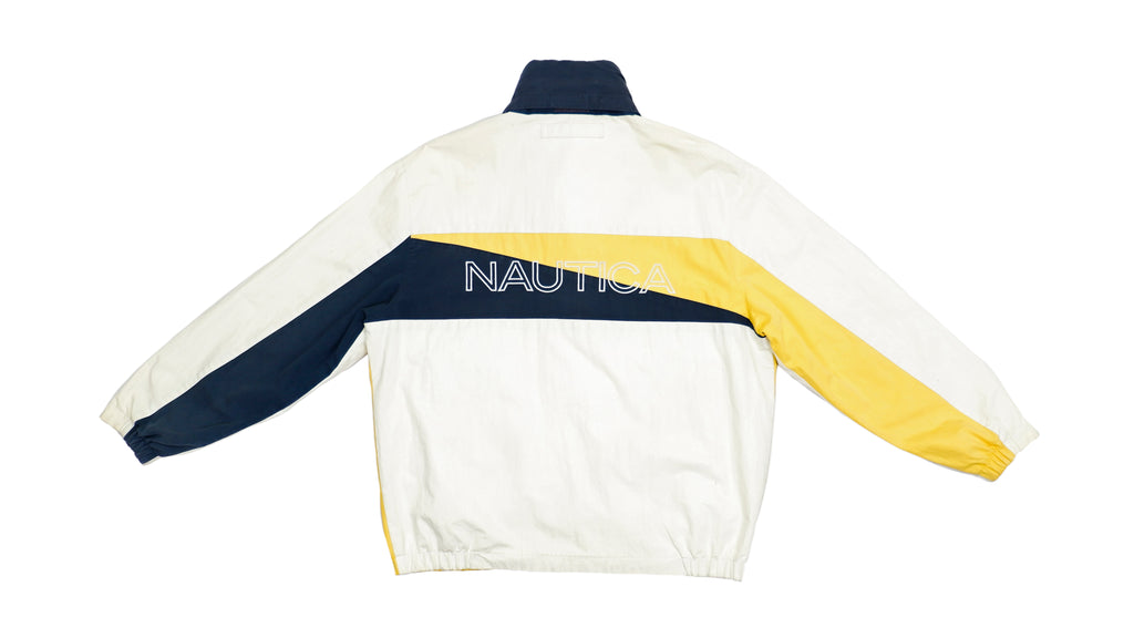 Vintage Retro Nautica - Yellow and White Big Spellout Reversible Jacket 1990s Large