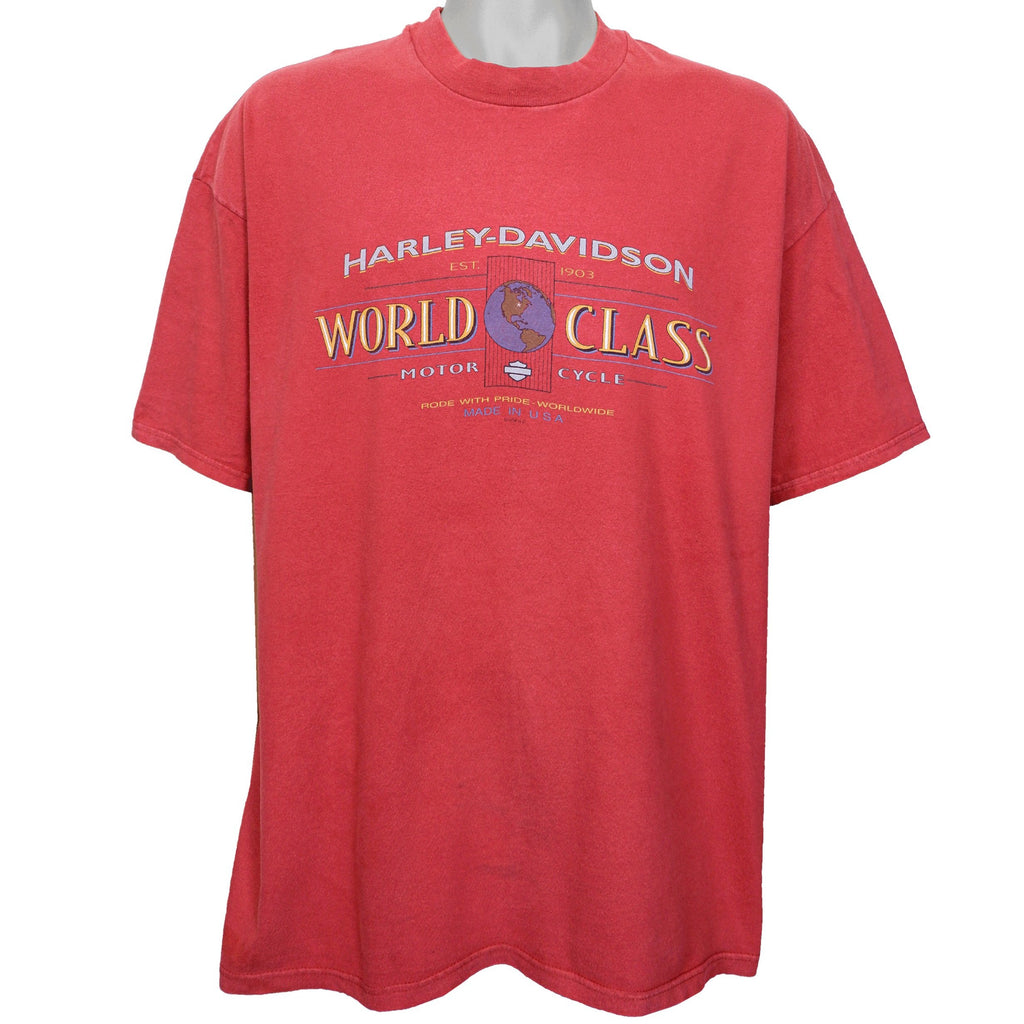 Harley Davidson - Red Spell-Out & Big Logo T-Shirt 1990s X-Large Vintage Retro