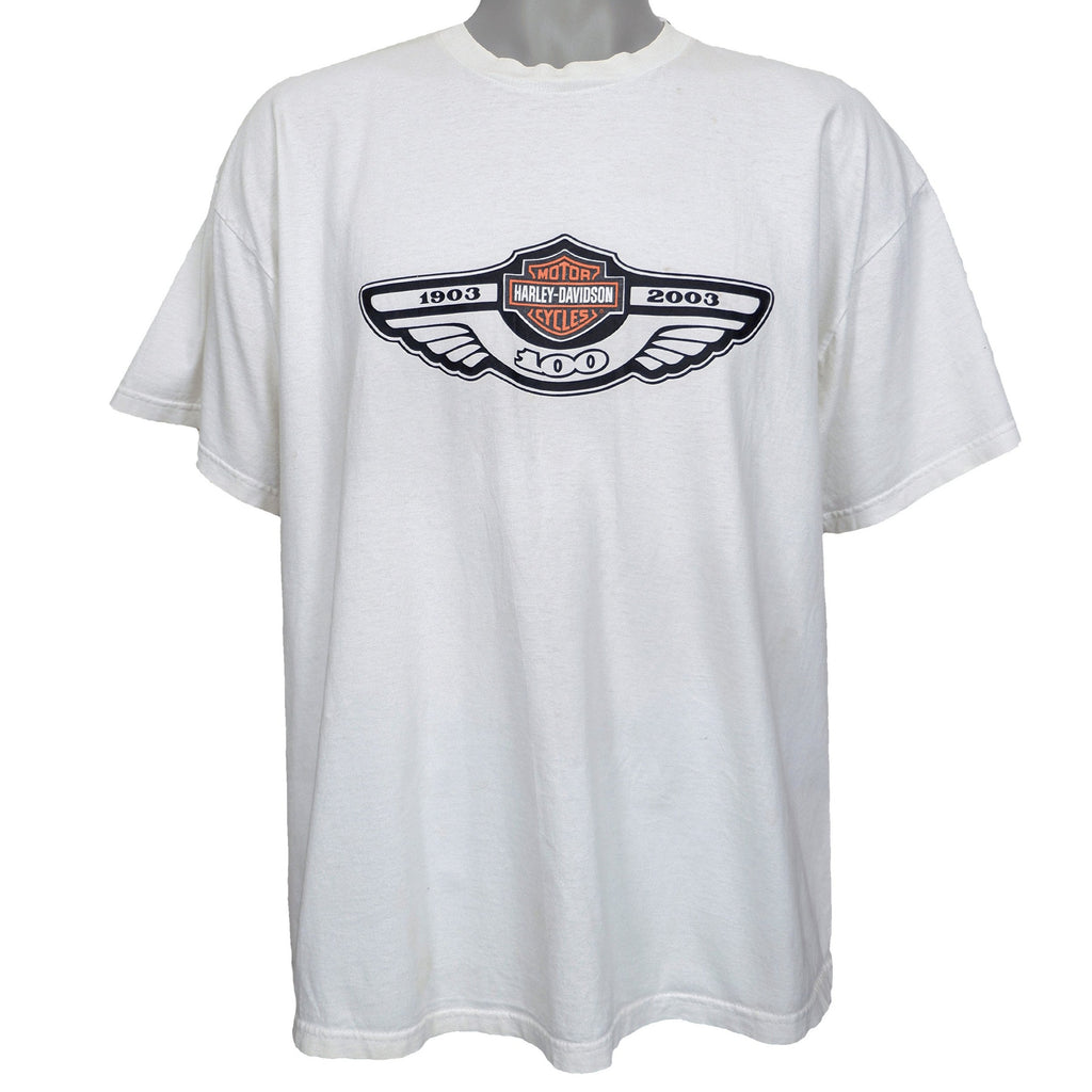 Harley Davidson - White 100 Years of Great Motorcycles  T-Shirt 1990s Large Vintage Retro
