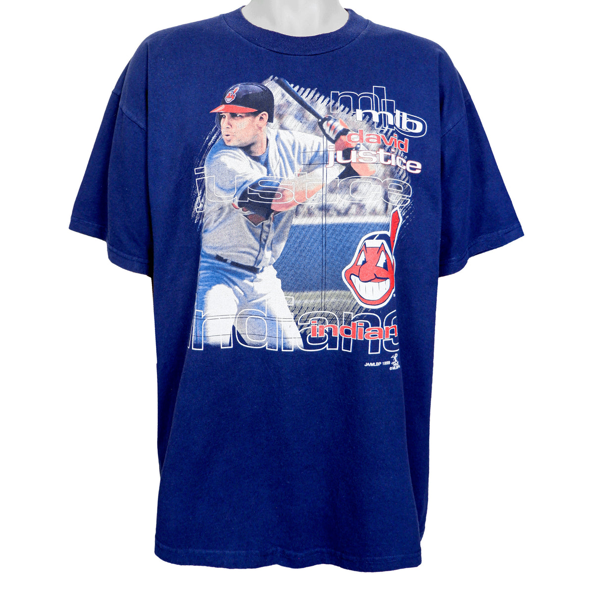 MLB - Cleveland Indians David Justice Spell-Out T-Shirt 1999 Large Vintage Retro Baseball
