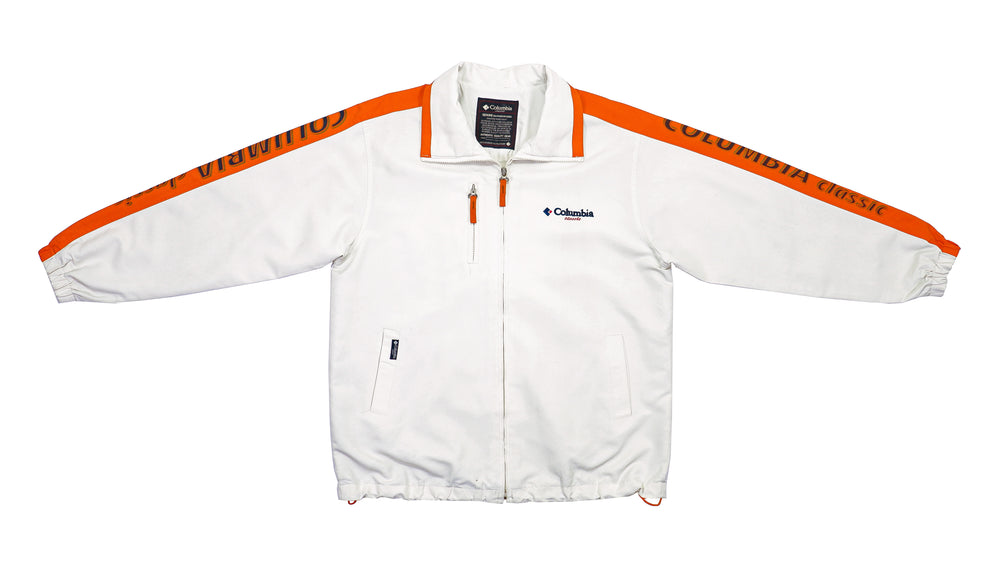 Columbia - White & Orange Taped Logo Hooded Windbreaker 1990s Large Vintage Retro 