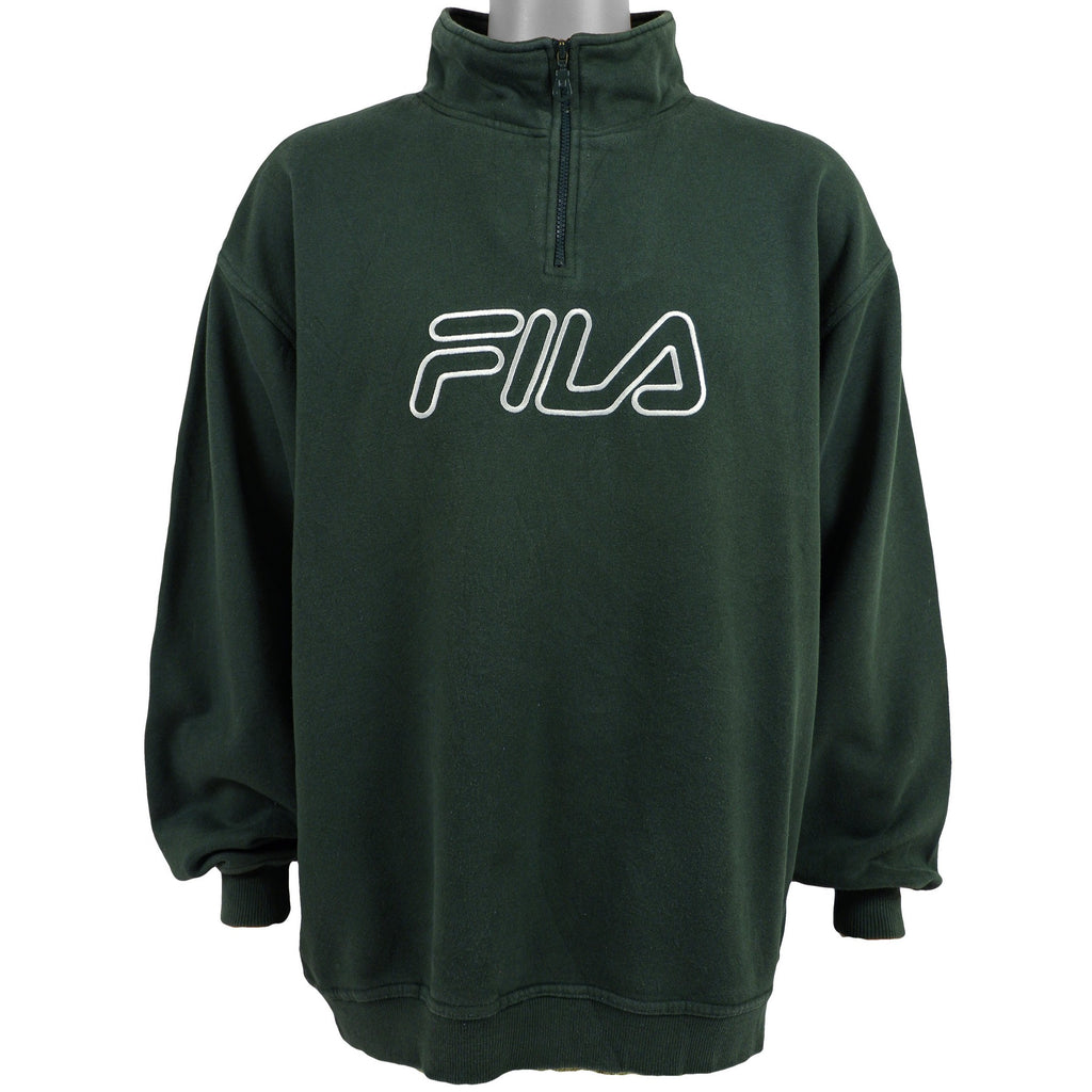 Fila - Green Big Spell-Out 1/4 Zip Sweatshirt 1990s X-Large Vintage Retro