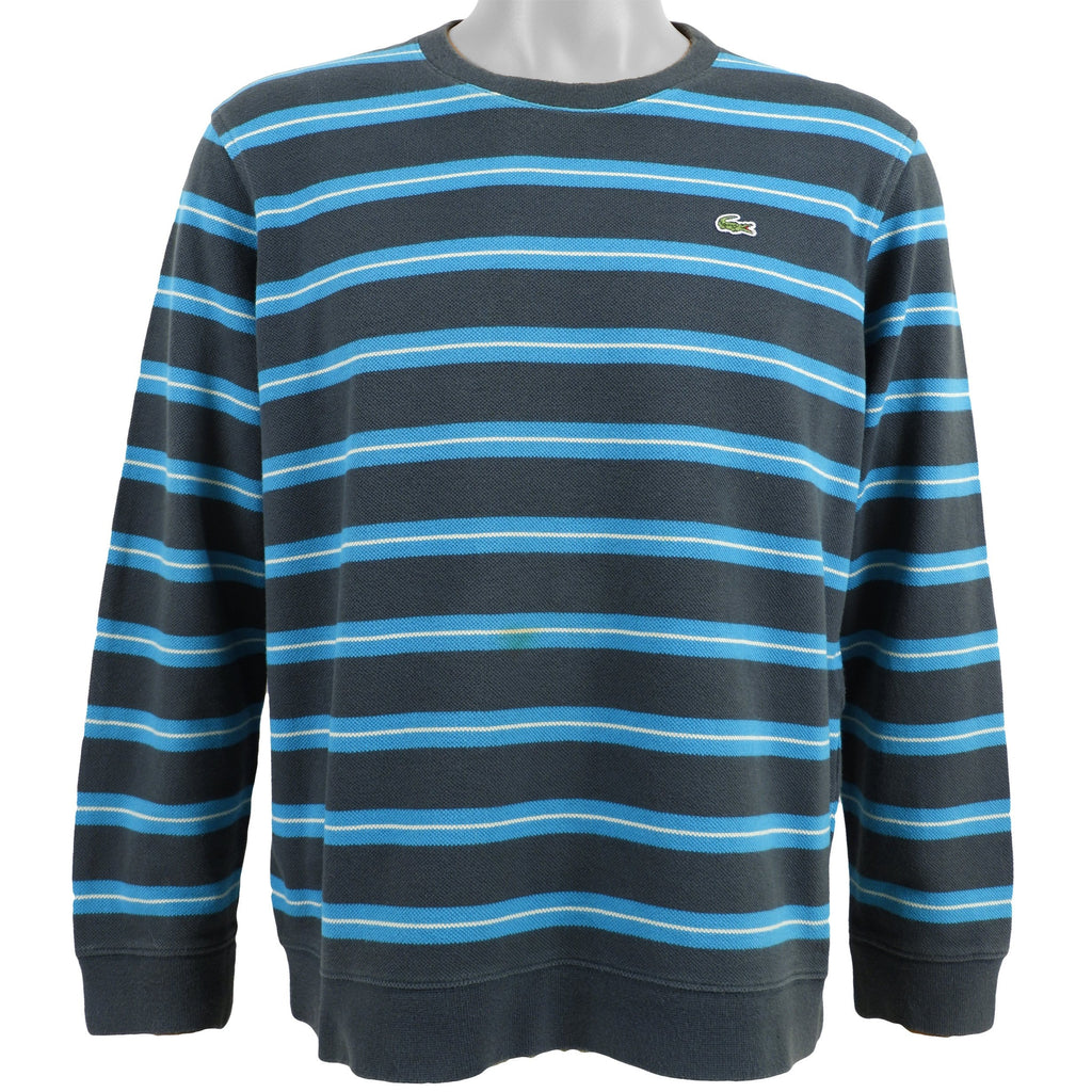 Lacoste - Black & Blue Striped Long Sleeved Shirt 1990s Medium Vintage Retro