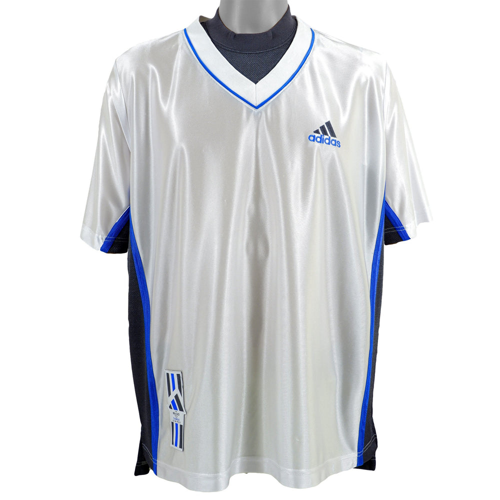 Adidas - White with Blue V-Neck T-Shirt 1990s X-Large Vintage Retro