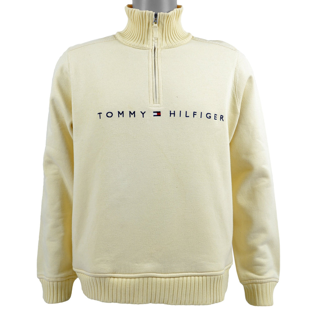 Tommy Hilfiger - Cream Spell-Out 1/4 Zip Sweatshirt Large Vintage Retro