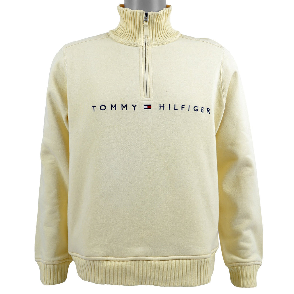 Tommy Hilfiger - Cream Spell-Out 1/4 Zip Sweatshirt Large Vintage Retro