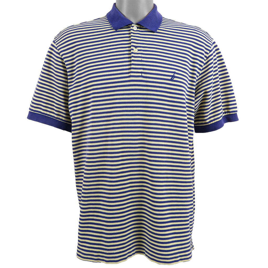 Nautica - Blue & Yellow Striped Polo T-Shirt 1990s Large vintage Retro
