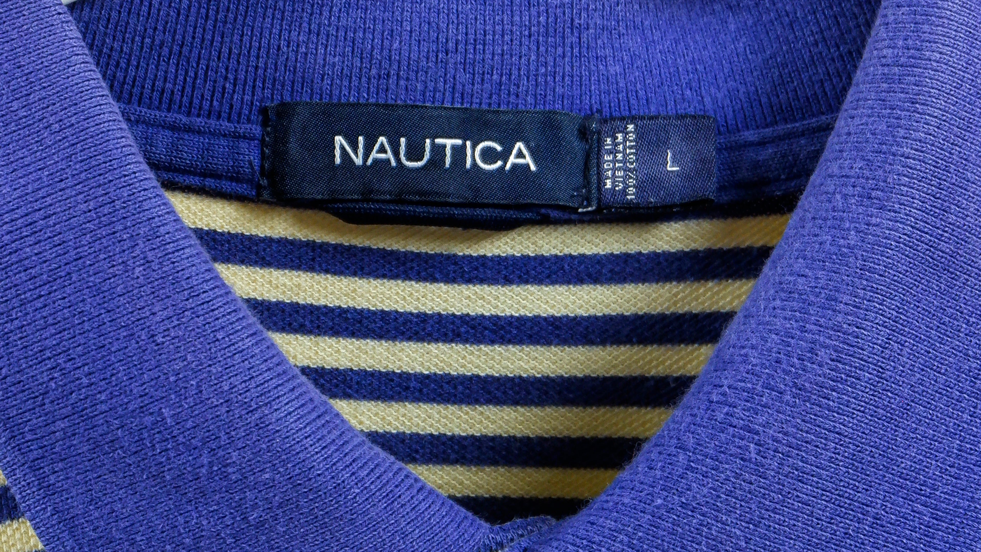 Nautica - Blue & Yellow Striped Polo T-Shirt 1990s Large vintage Retro