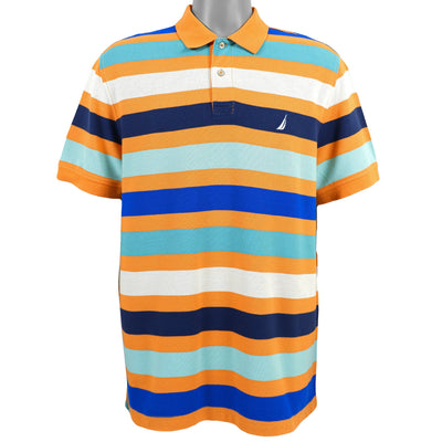 Nautica - Orange with Blue Striped Polo T-Shirt 1990s Large