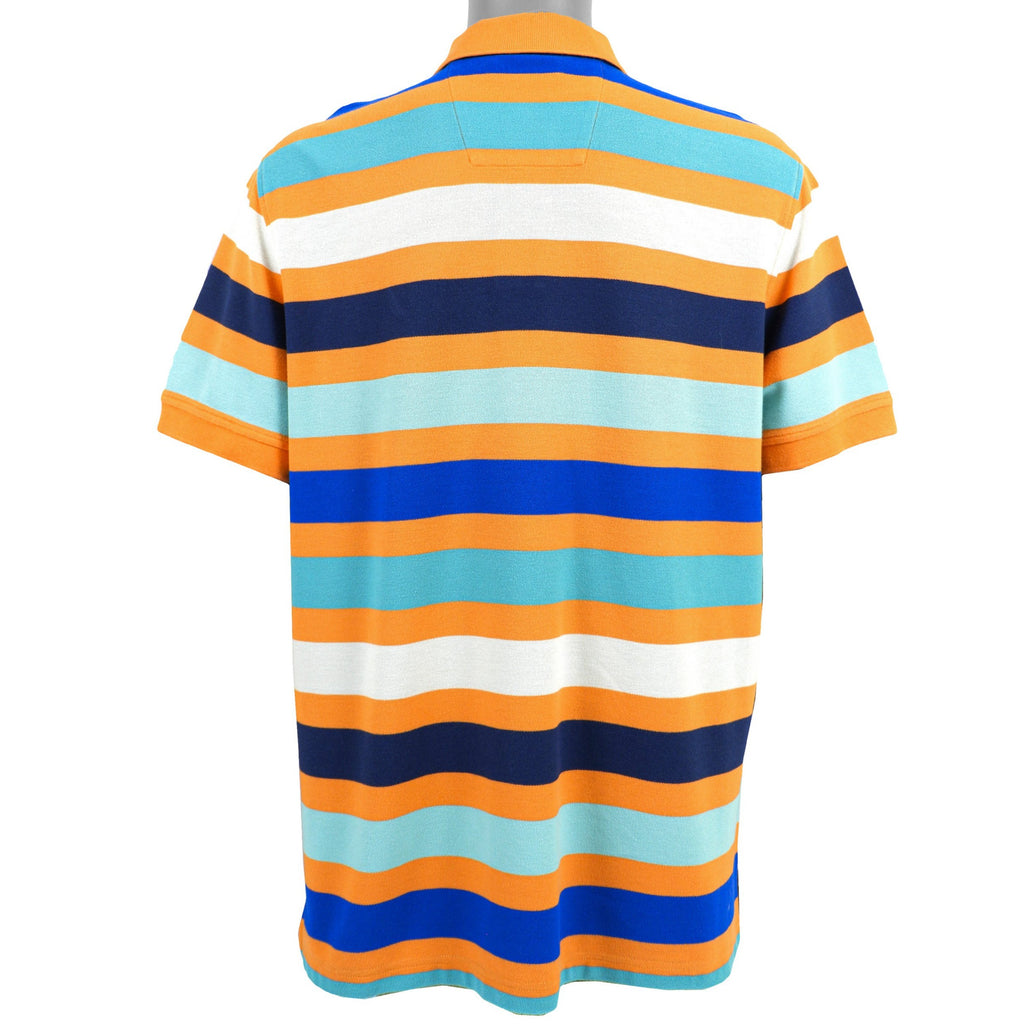 Nautica - Orange with Blue Striped Polo T-Shirt 1990s Large Vintage Retro