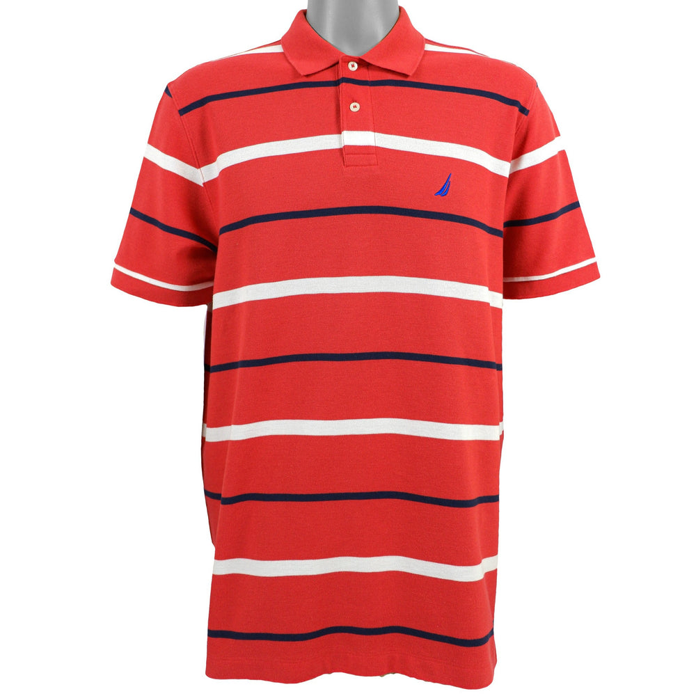 Nautica - Red with Blue & White Striped Polo T-Shirt 1990s Large Vintage Retro