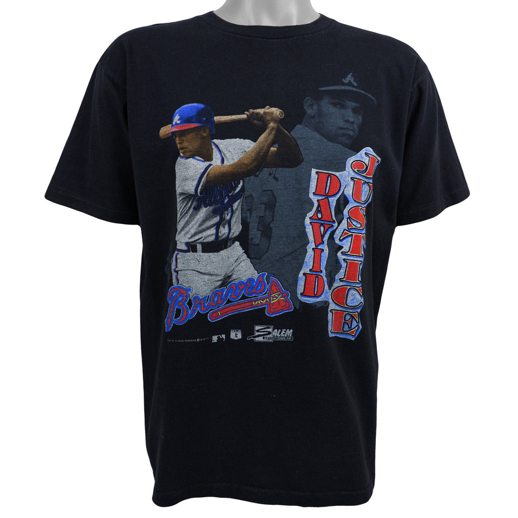 MLB (Salem) - Atlanta Braves - David Justice Spell-Out T-Shirt 1989 Large Baseball Retro