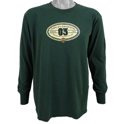 Harley Davidson - Green Spell-Out Long Sleeved Shirt 2003 Large