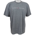 Tommy Hilfiger - Dark Grey Spell-Out T-Shirt 1990s Large Vintage Retro