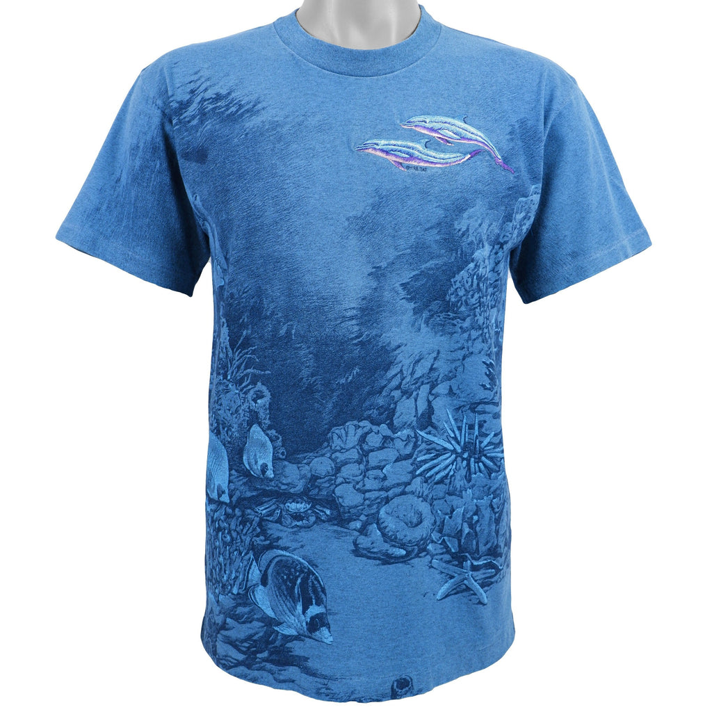 Vintage (Signal Sport) - Blue Embroidered Dolphins in the Ocean T-Shirt 1990s Medium Vintage Retro