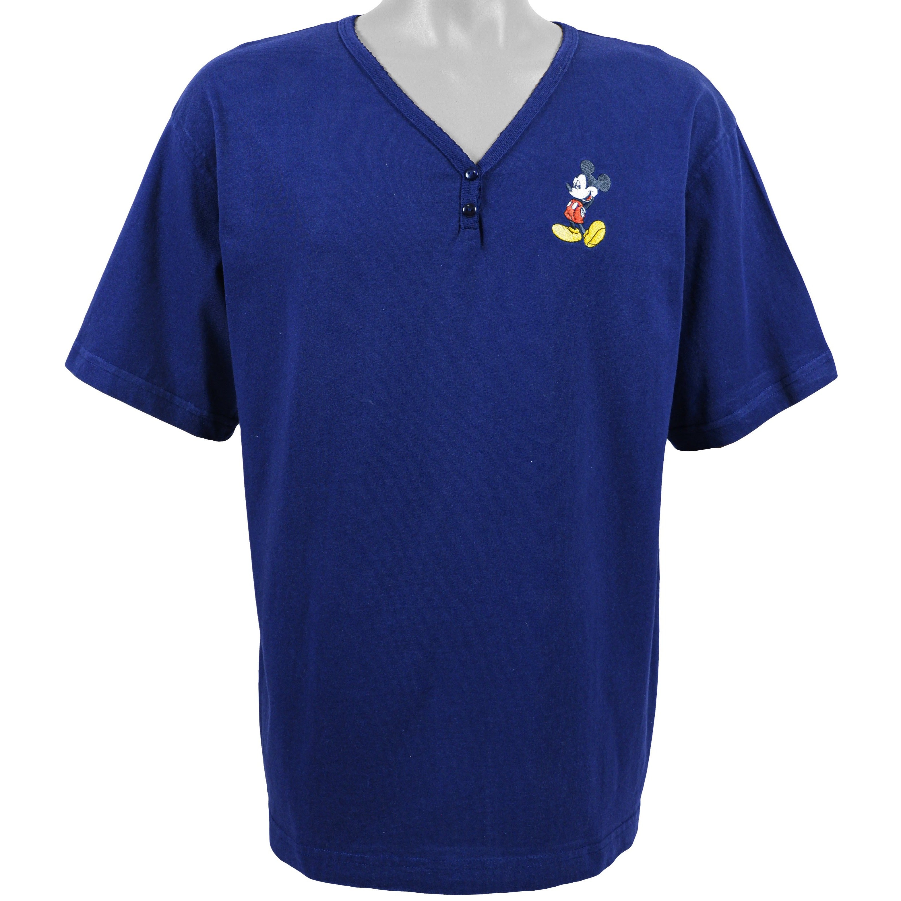 Disney - Blue Mickey V-Neck T-Shirt 1990s Large Vintage Retro