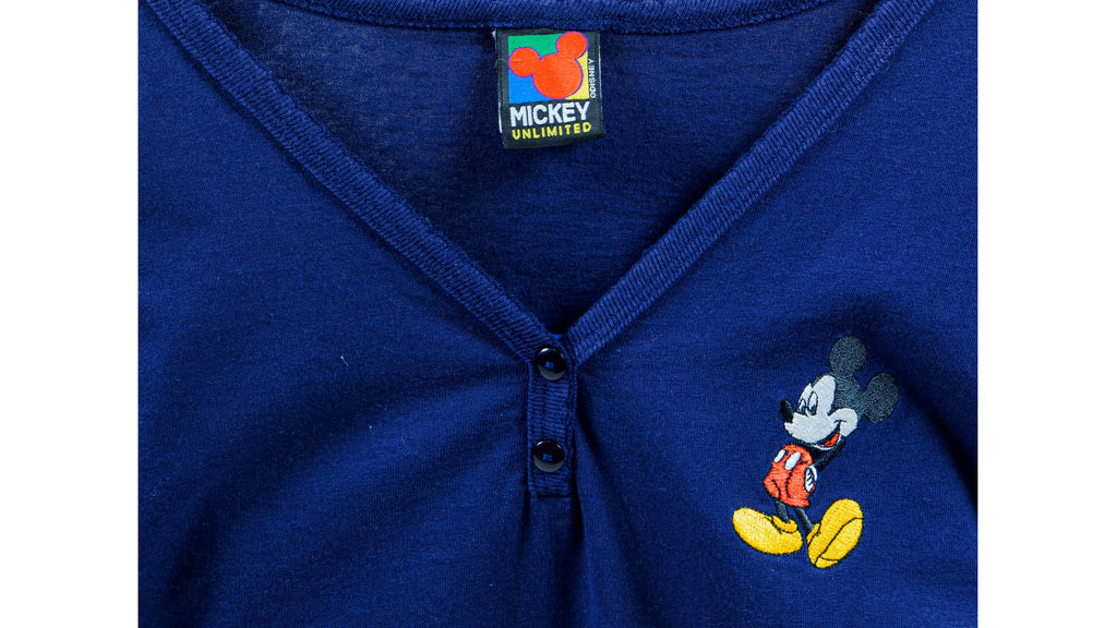 Disney - Blue Mickey V-Neck T-Shirt 1990s Large Vintage Retro