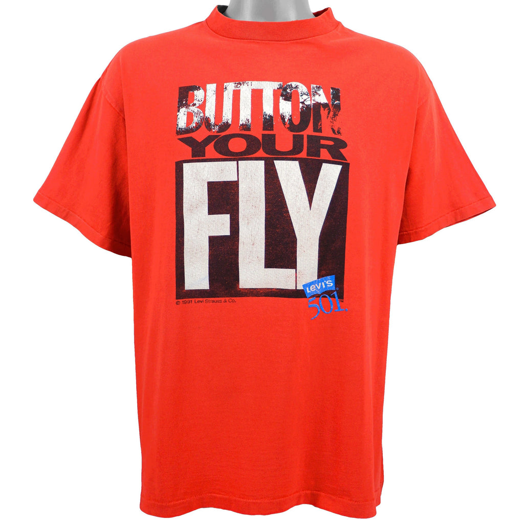 Levis - Red Button Your Fly T-Shirt 1991 X-Large Vintage Retro