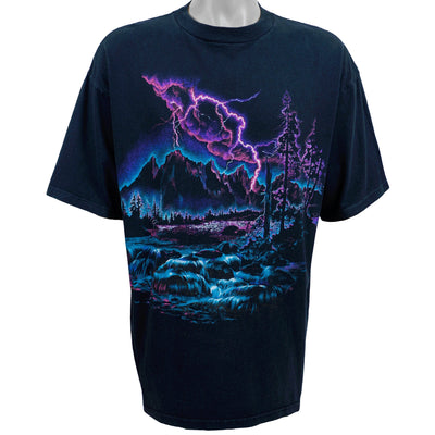 Vintage (Habitat) - Black Lightning Storm Printed T-Shirt 1990s Large