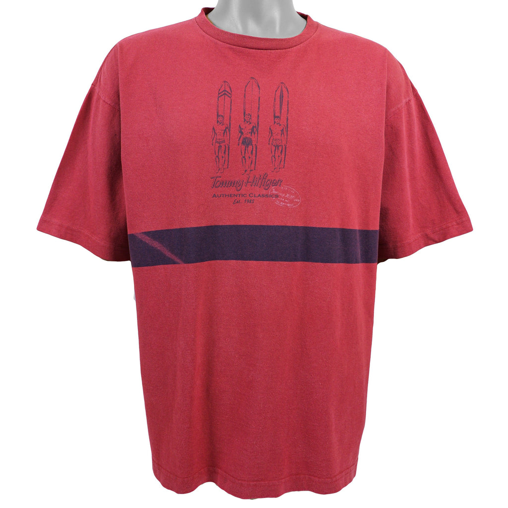 Tommy Hilfiger - Red Surfing Spell-Out T-Shirt 1990s X-Large Vintage Retro