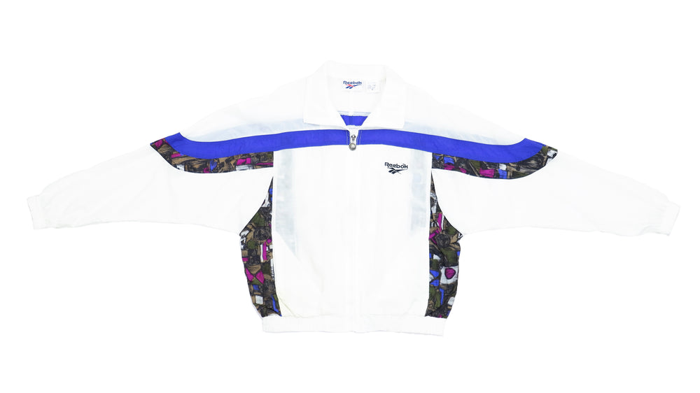 Reebok -  Vintage Retro White and Iconic Design Patterned Windbreaker Jacket 1980s Medium