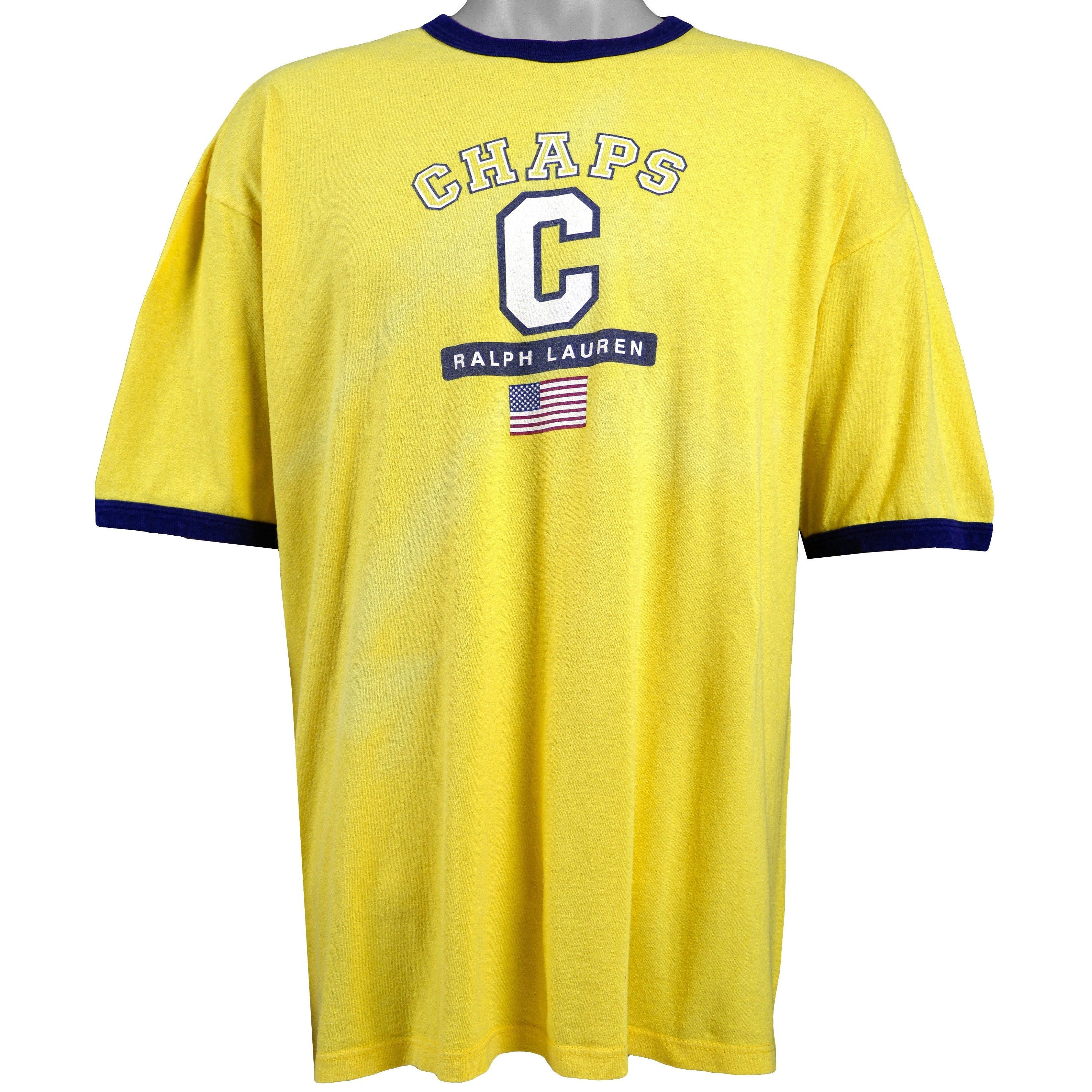 Ralph Lauren (Chaps) - Yellow Spell-Out T-Shirt 1990s Large Vintage Retro