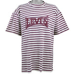 Levis - Red & White Striped Spell-Out T-Shirt 1990s Large