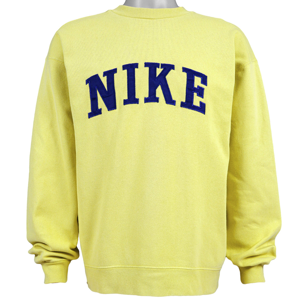 Nike - Yellow Big Spell-Out Crew Neck Sweatshirt 1990s Medium Vintage Retro