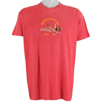Vintage (Manco Arts) - Red Machu Picchu, Cusco Peru Embroidered T-Shirt 1990s Large