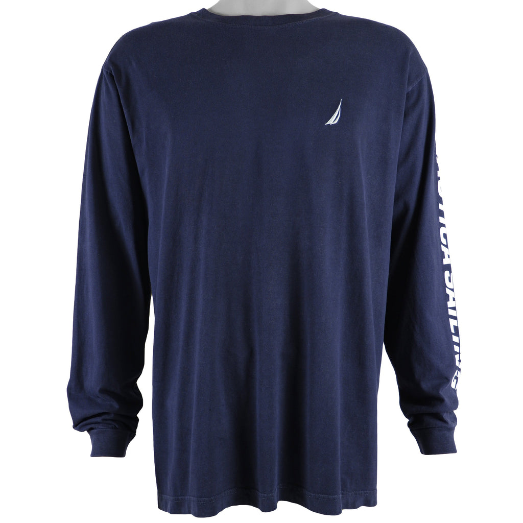 Nautica - Navy Blue Big Logo Long Sleeved Shirt 1990s Large Vintage Retro