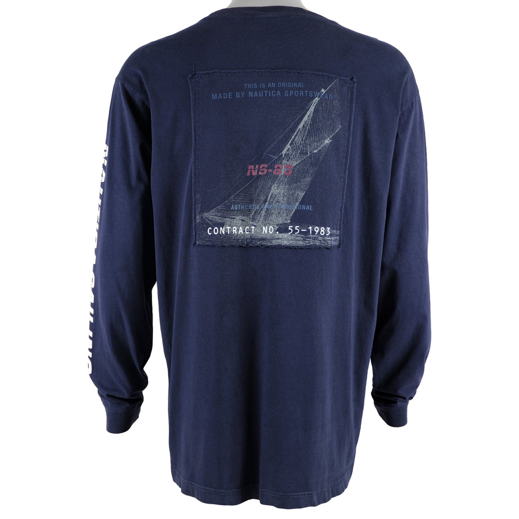 Nautica - Navy Blue Big Logo Long Sleeved Shirt 1990s Large Vintage Retro
