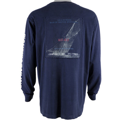 Nautica - Navy Blue Sailing Long Sleeved Shirt 1990s Large