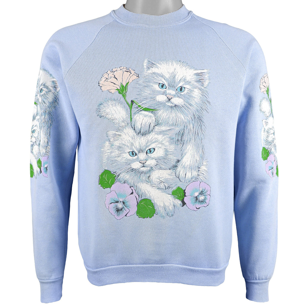 Vintage (Jerzees) - Baby Blue Cat & Floral Crew Neck Sweatshirt 1990s Medium Vintage Retro