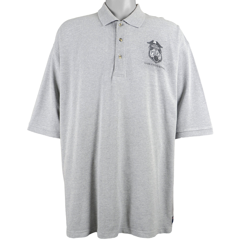 Harley Davidson - Grey Police Motorcycles 1/4-Button-Up T-Shirt 1990s XX-Large Retro