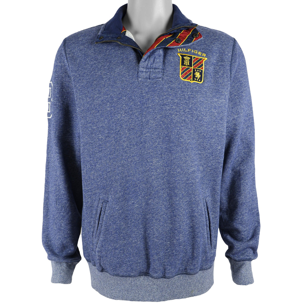 Tommy Hilfiger - Blue Spell-Out 1/4 Zip Sweatshirt Medium Vintage Retro