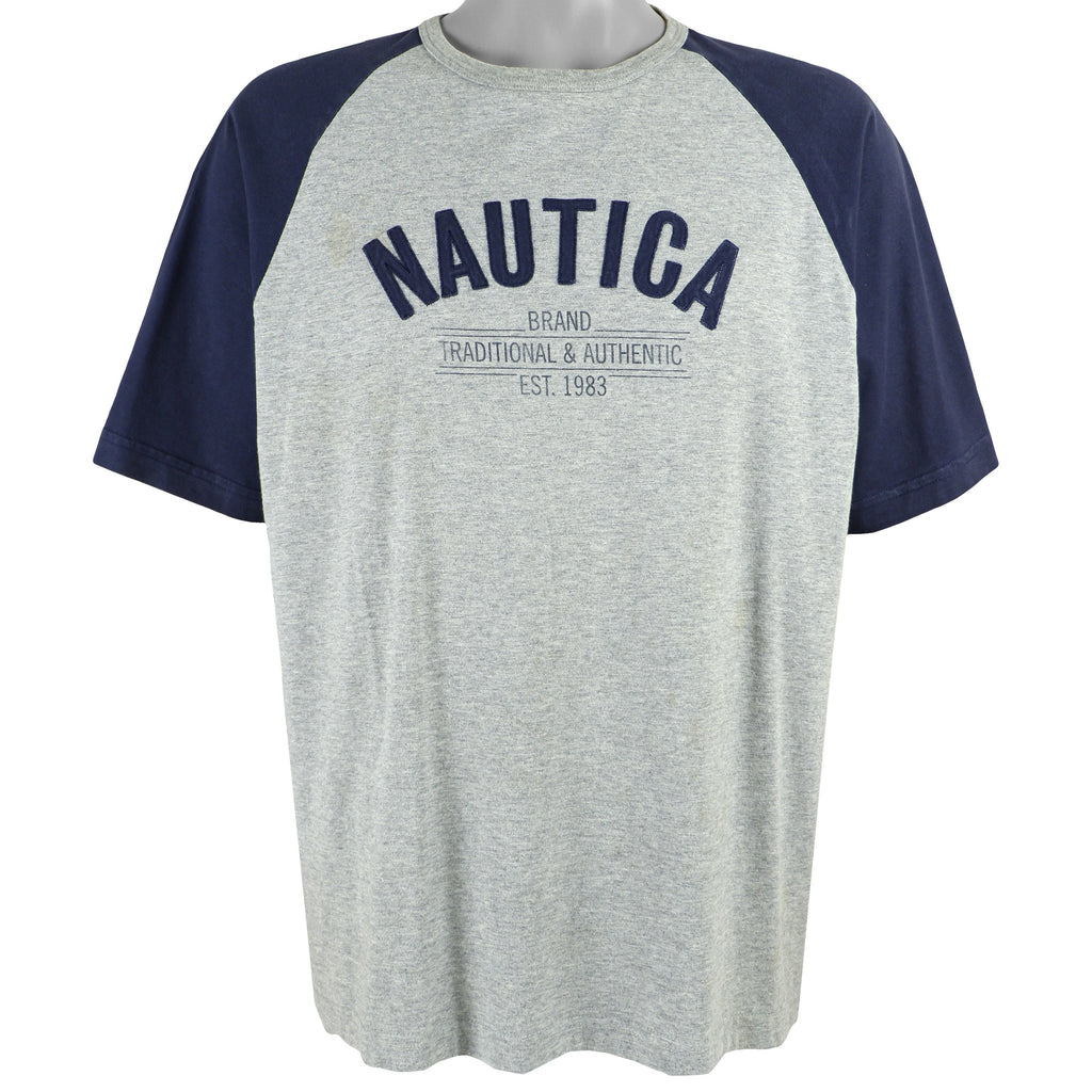 Nautica - Grey Big Spell-Out T-Shirt 1990s Large Vintage Retro
