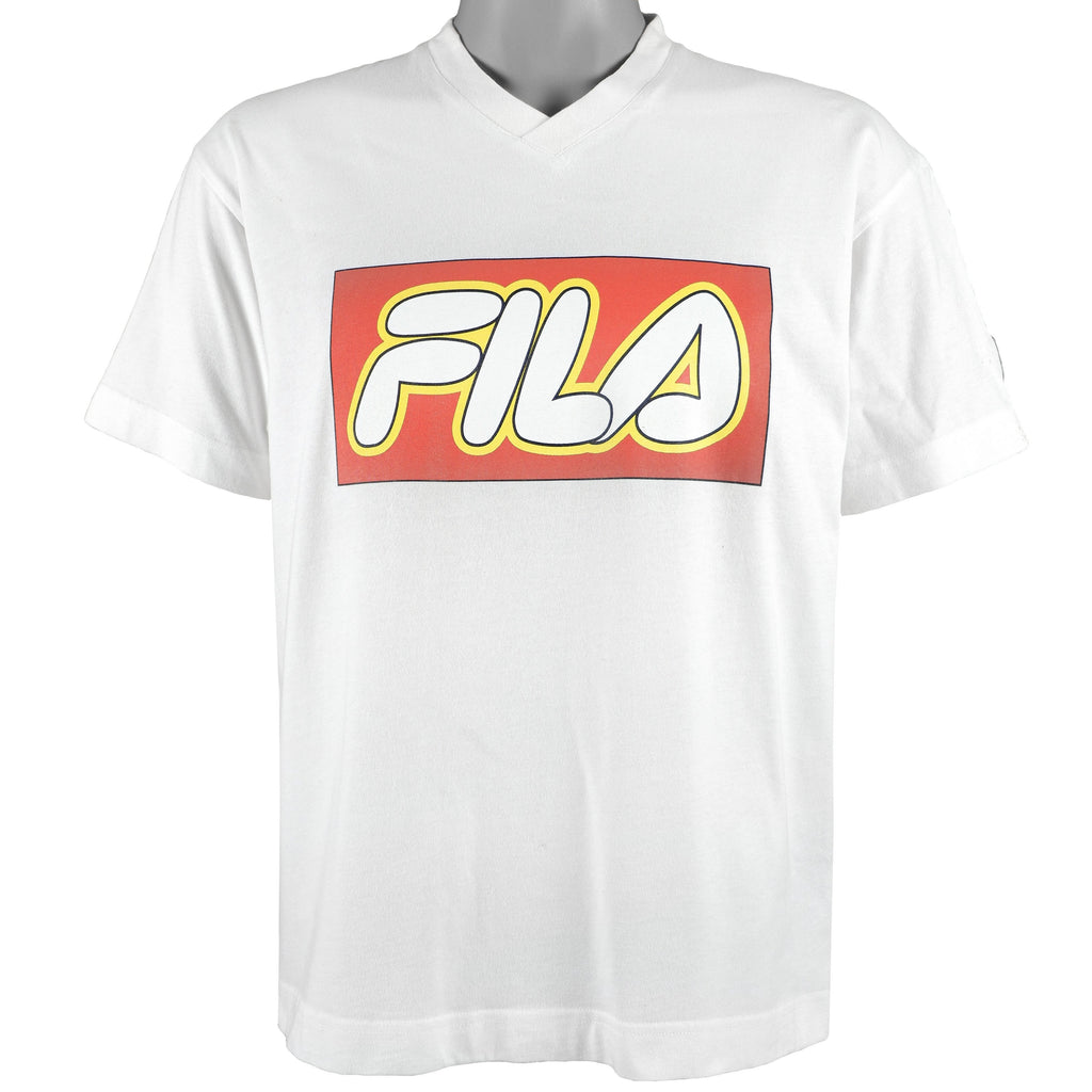 FILA - White Big Spell-Out T-Shirt 1990s Medium Vintage Retro 