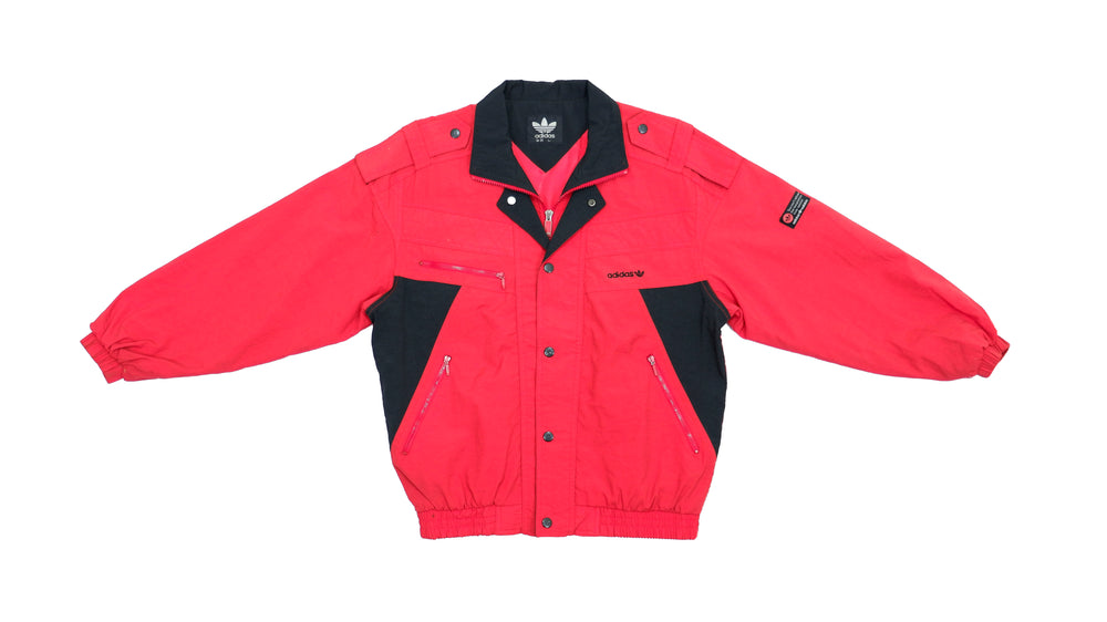 Adidas - Red with Black Button / Zip Up Windbreaker 1990s Medium Vintage Retro