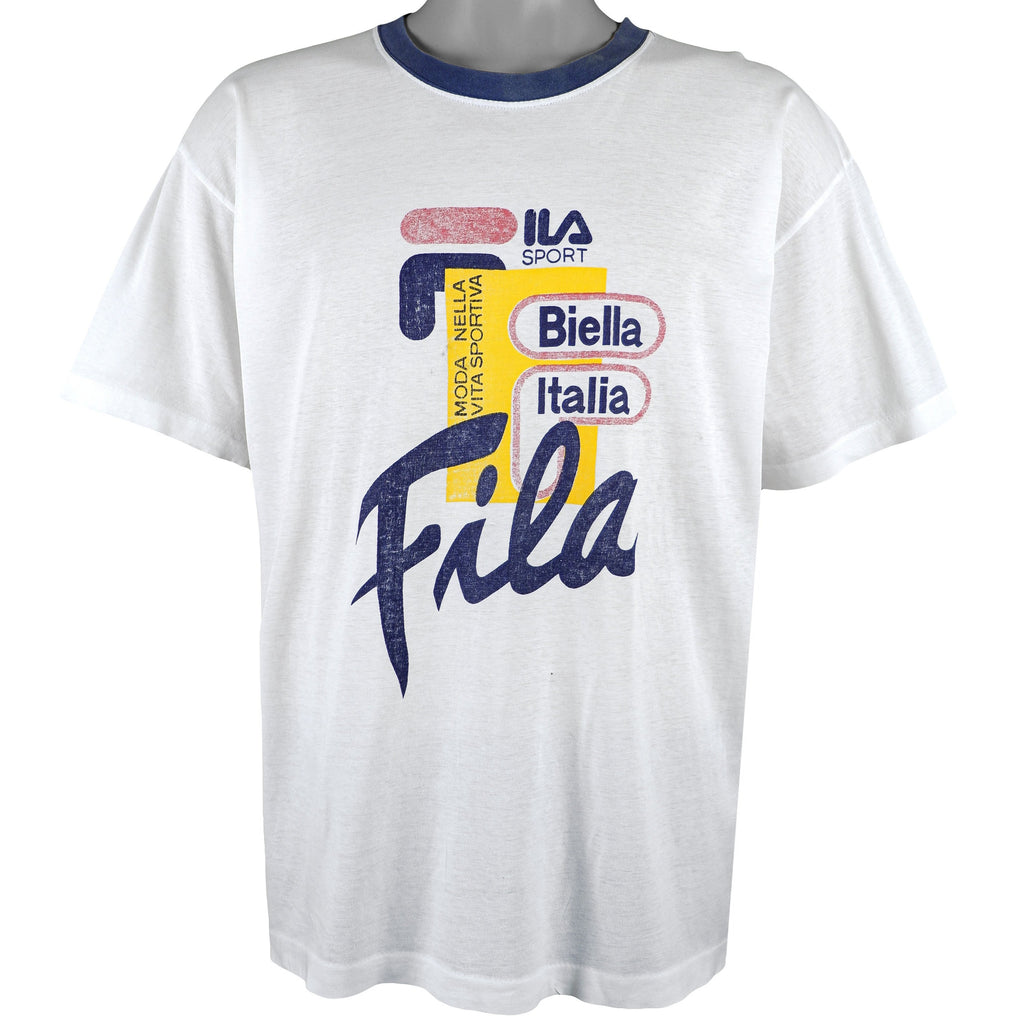 FILA - White with Blue Spell-Out T-Shirt 1990s Large Vintage Retro