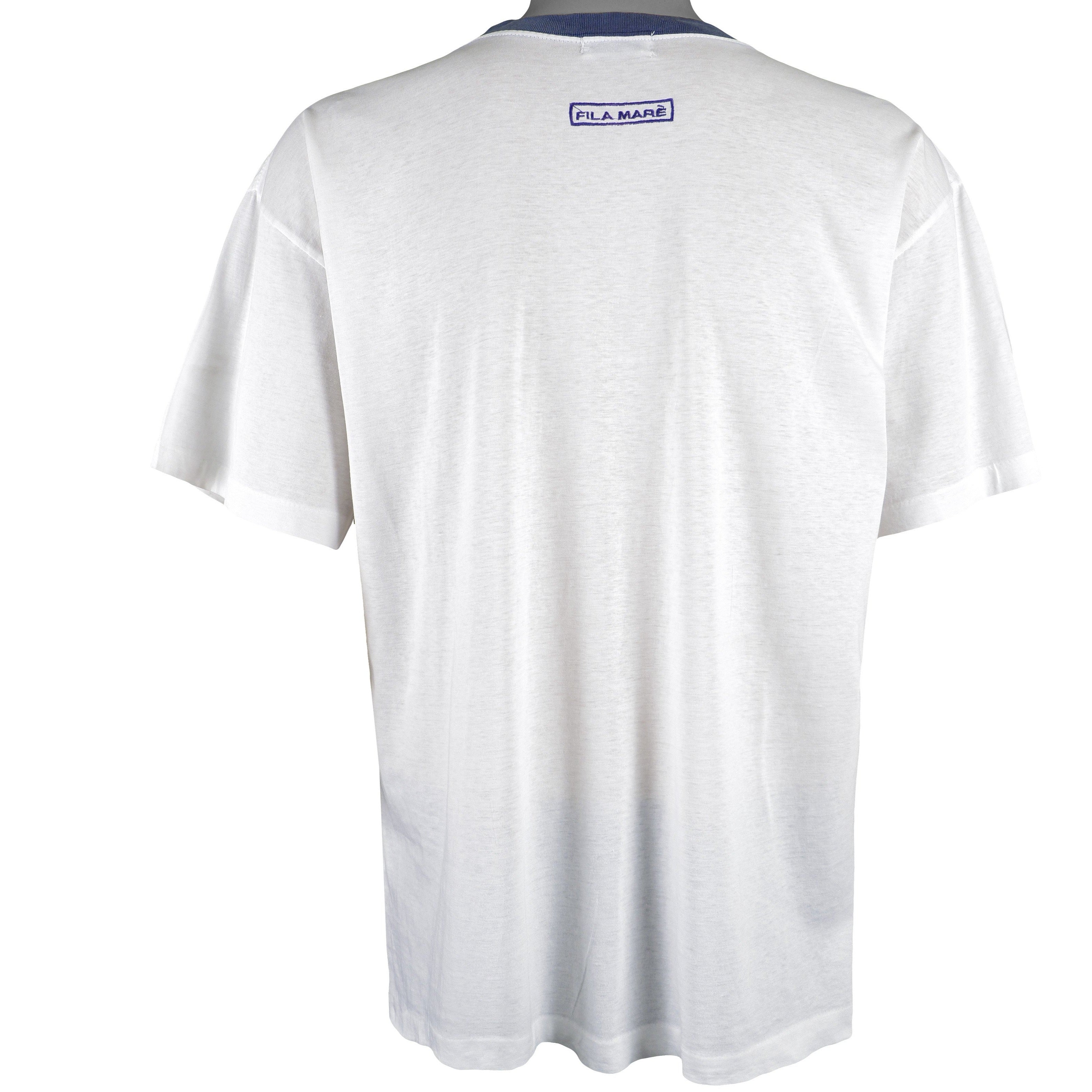 FILA - White with Blue Spell-Out T-Shirt 1990s Large Vintage Retro