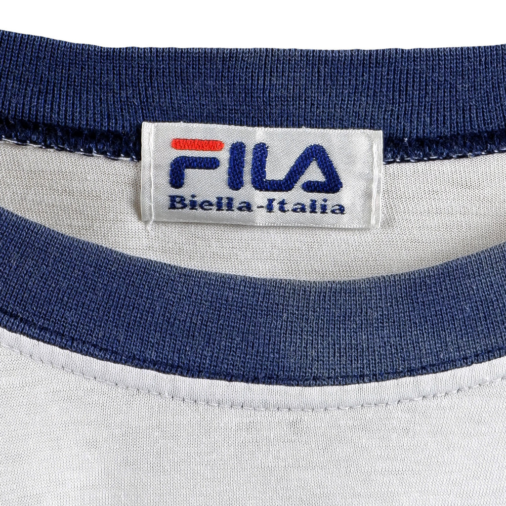 FILA - White with Blue Spell-Out T-Shirt 1990s Large Vintage Retro