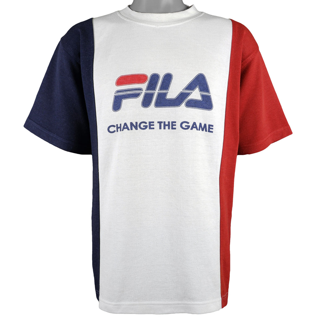 FILA - White, Red & Blue Spell-Out T-Shirt 1990s Large Vintage Retro
