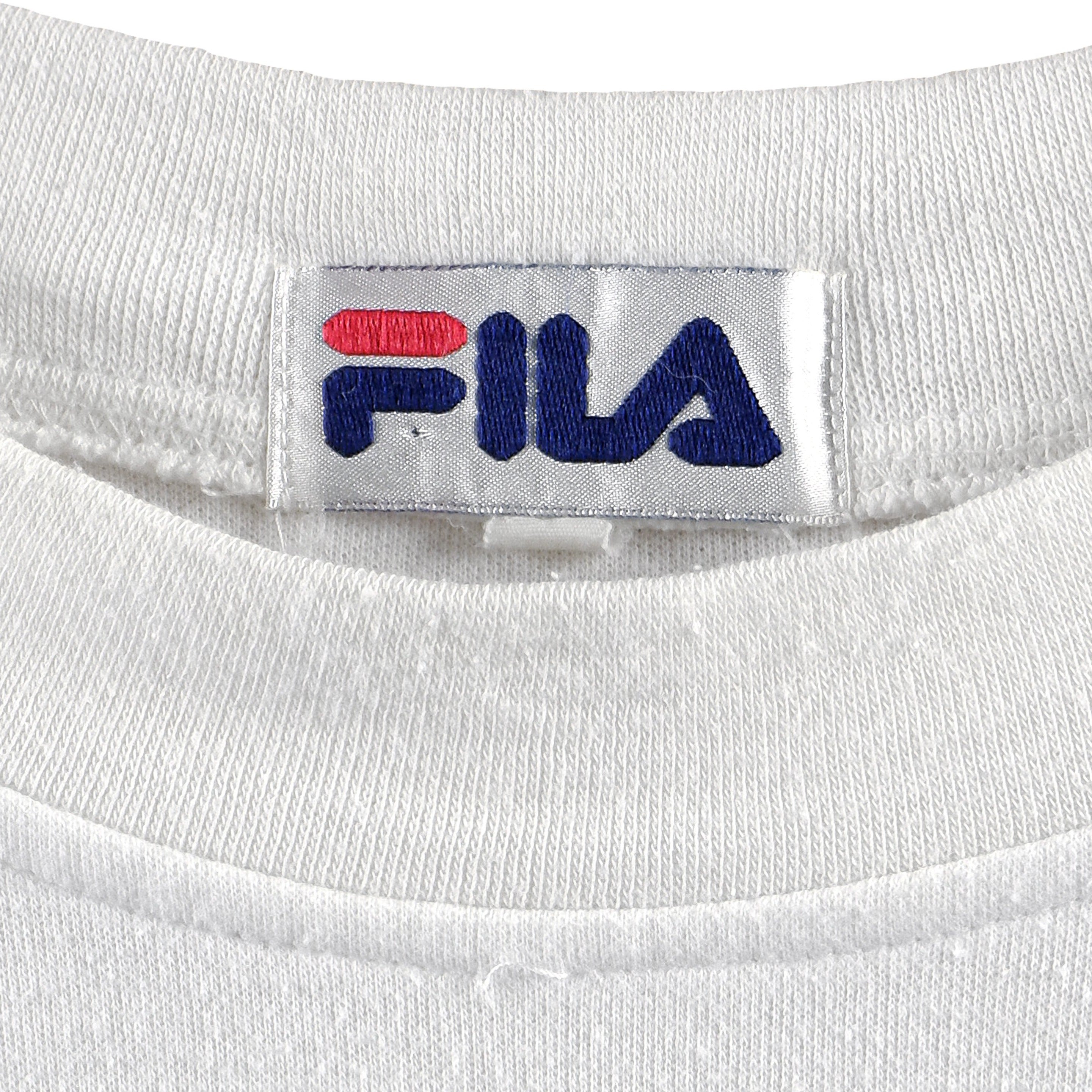 FILA - White, Red & Blue Spell-Out T-Shirt 1990s Large Vintage Retro