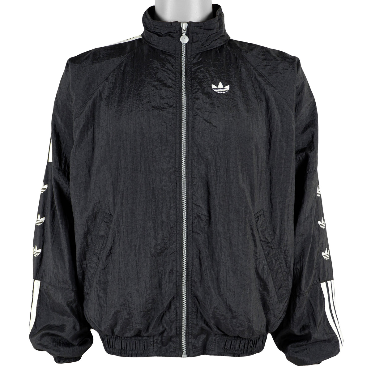 Adidas - Black Stripe Tape Logo Windbreaker 1990s Large Vintage Retro