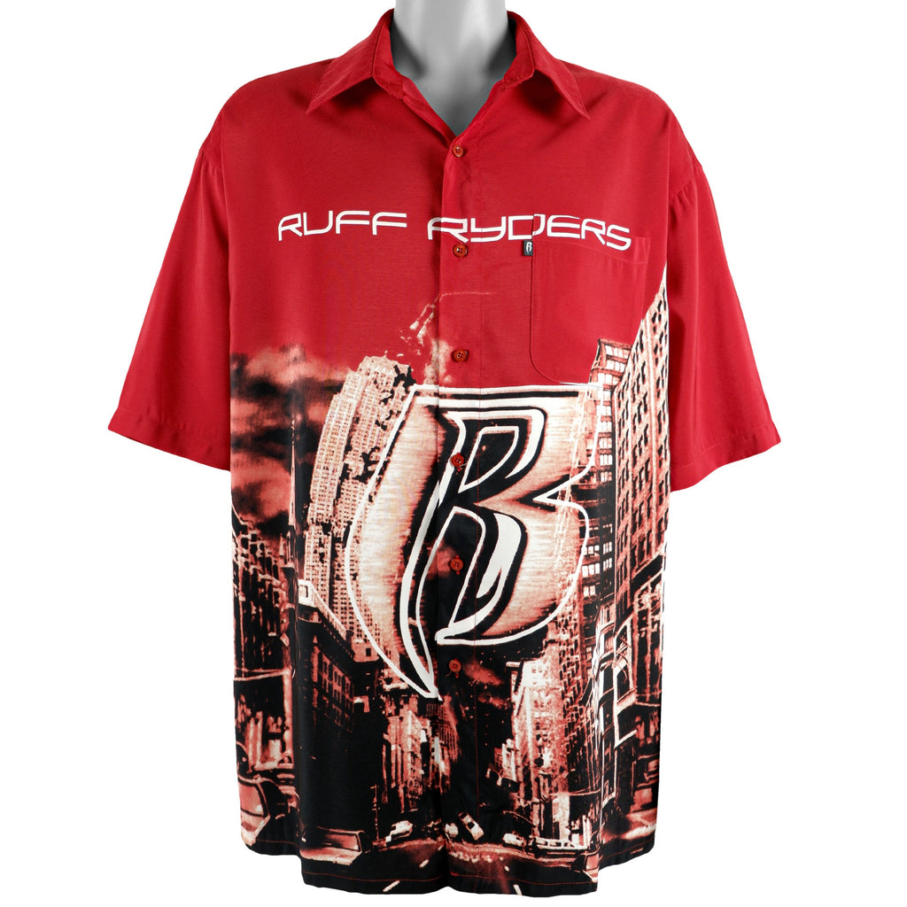 Ruff Ryders - Red Spell-Out Button Up T-Shirt 1990s X-Large Vintage Retro 