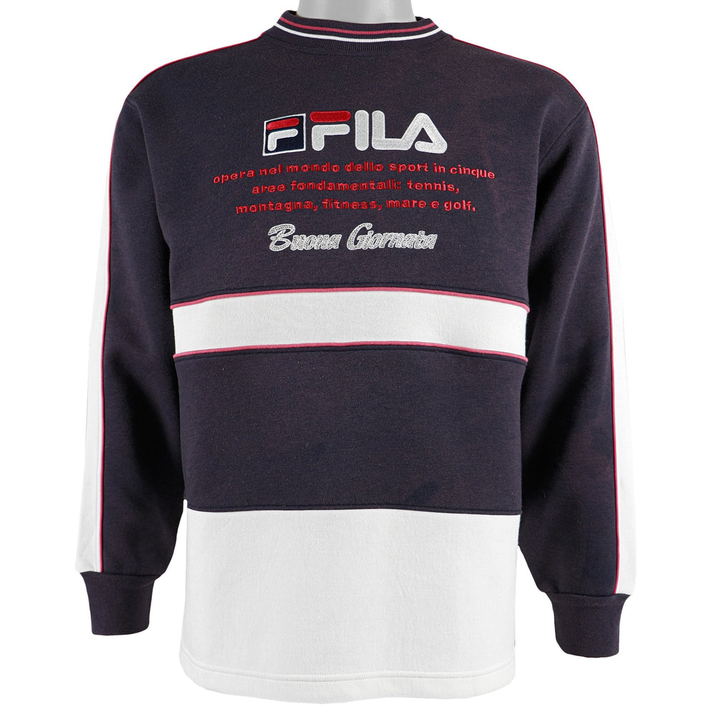 Fila - Dark Blue Spell-Out Crew Neck Sweatshirt 1990s Medium Vintage Retro