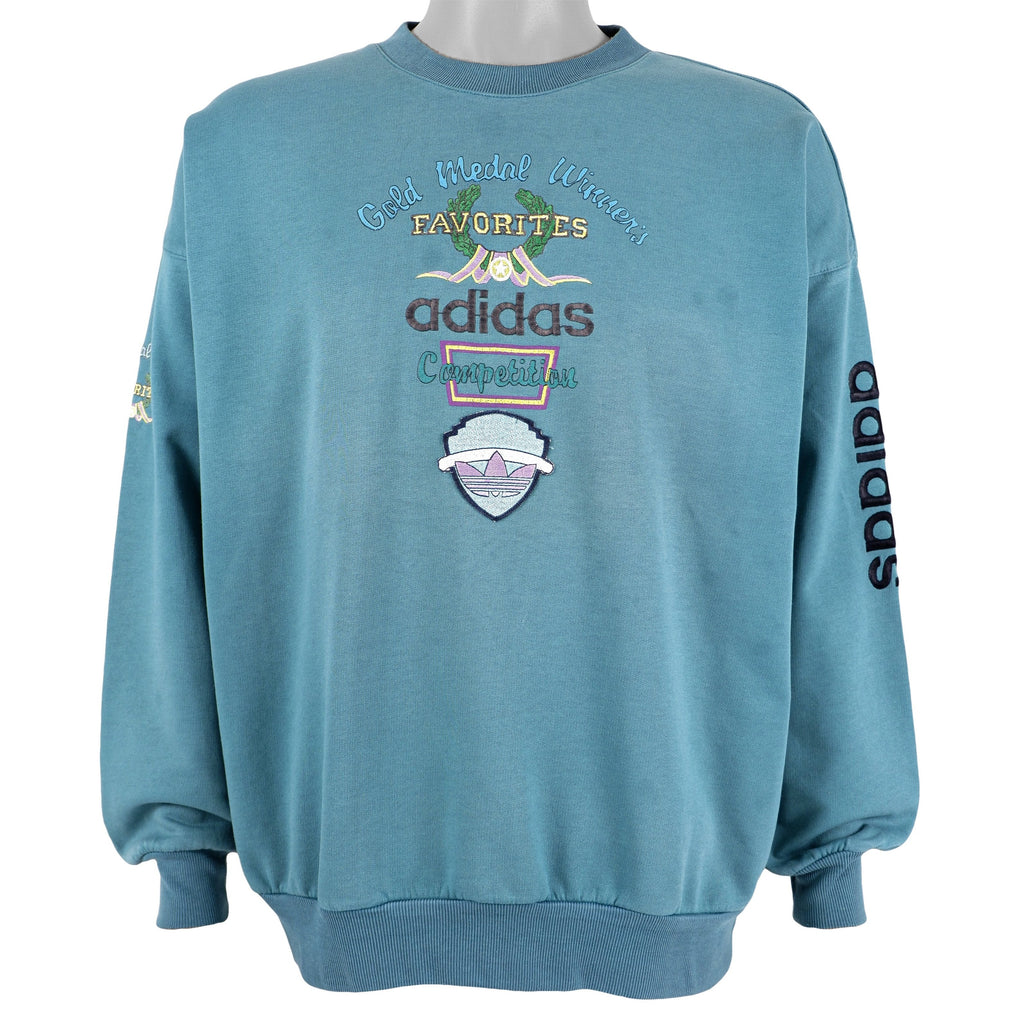 Adidas - Blue Spell-Out Crew Neck Sweatshirt 1990s Medium Vintage REtro